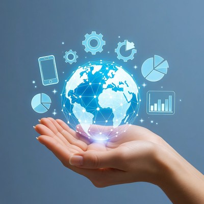 Globe in hand with technology symbols