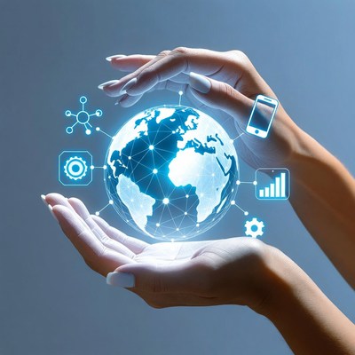 Digital globe in hands showing technology