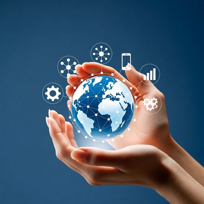 Hands holding a globe with icons