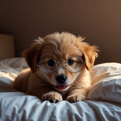 Dog wearing glasses on bed