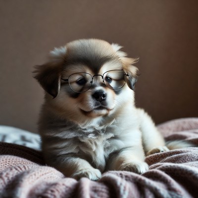 Puppy with glasses on a couch