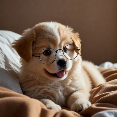 Puppy in glasses on a blanket