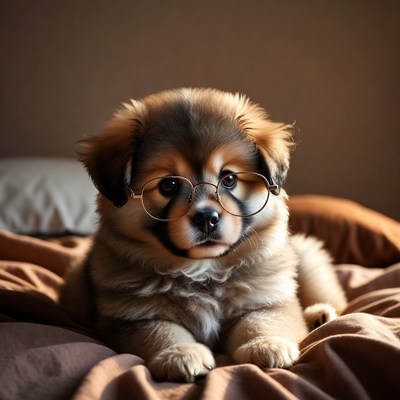 Dog wearing glasses on bed