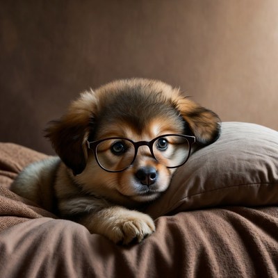 Dog wearing glasses relaxing on a pillow
