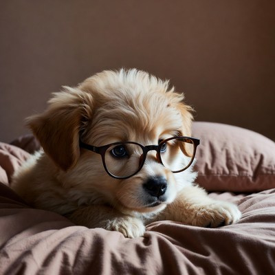 Puppy with glasses on a bed