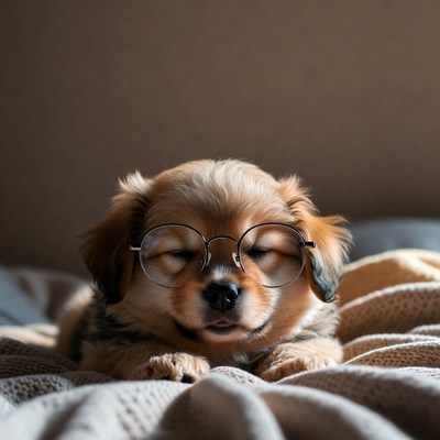 Puppy with glasses resting on bed
