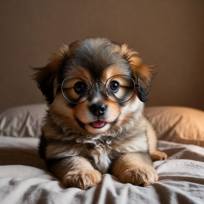 Puppy wearing glasses on bed