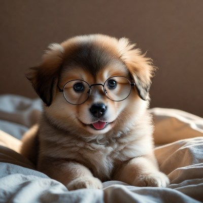 Cute puppy wearing glasses indoors