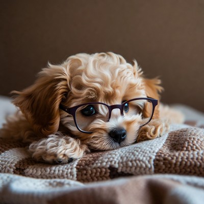 Cute puppy with glasses on blanket
