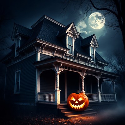 Creepy house with glowing pumpkin
