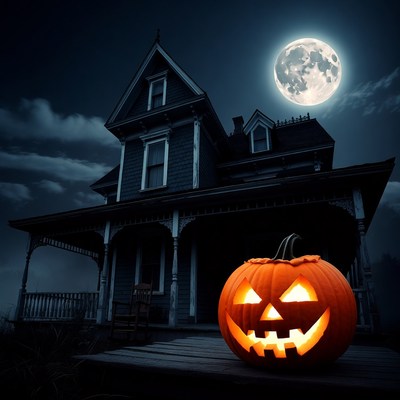 Jack-o'-lantern on porch at night