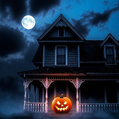 Moonlit pumpkin by old house