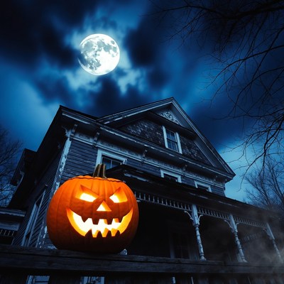 Pumpkin on porch at night