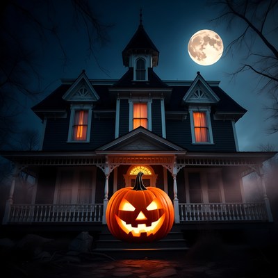 Haunted house with pumpkin at night