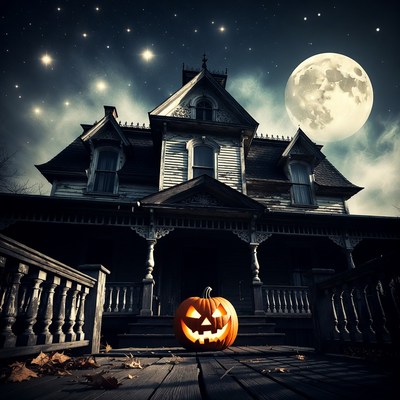 Haunted house with pumpkin under moonlight