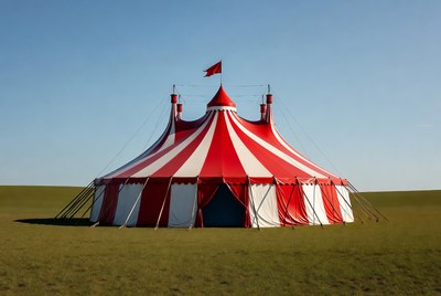 Red and white circus tent on grass