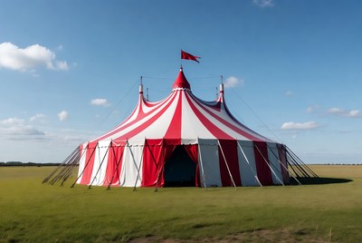 Colorful tent in open field
