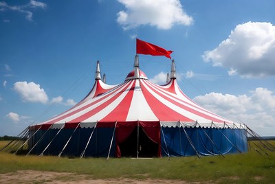 Bright striped circus tent in field