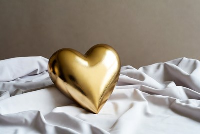 Shiny gold heart on fabric