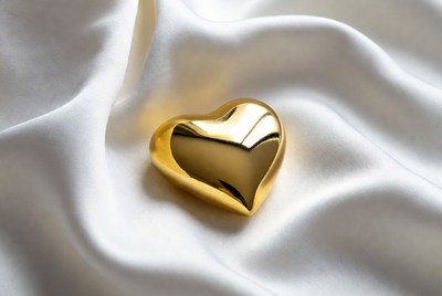 Gold heart on white fabric surface