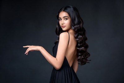 Woman in dark dress poses confidently