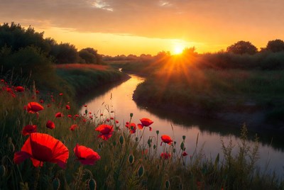 Sunset over poppy field by river