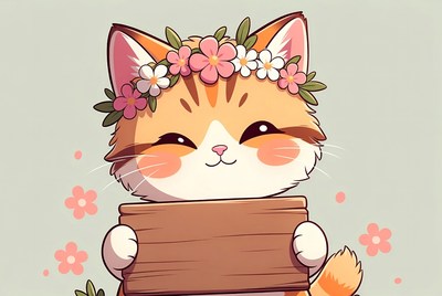 Cat with flowers holding a sign