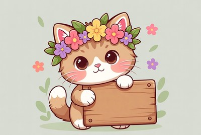 Cute cat with flower crown holding sign