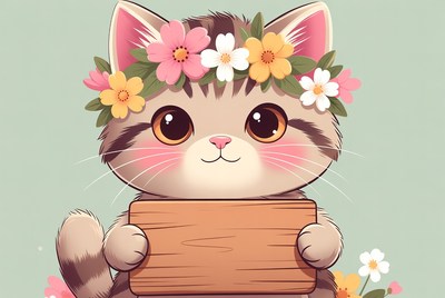 Cute cat with flowers and sign