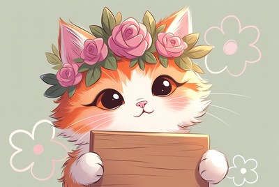 Cat with flower crown holds sign