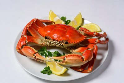 Fresh crab on a plate with lemon slices