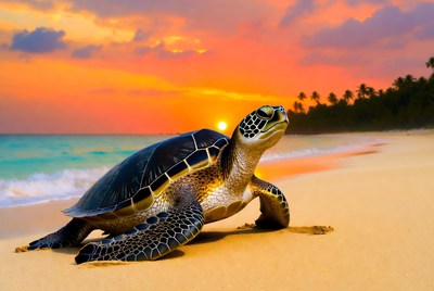 Turtle walks on sand at sunset