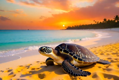 Turtle on the beach at sunset