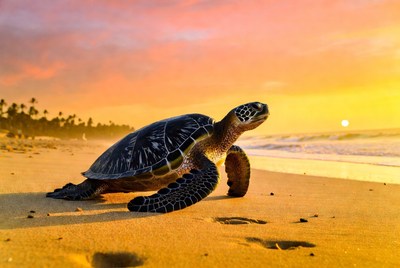 Turtle walking on sandy beach at sunset