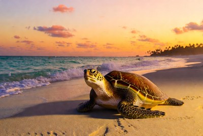 Turtle on beach at sunset