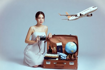 Ready for travel with a suitcase and camera