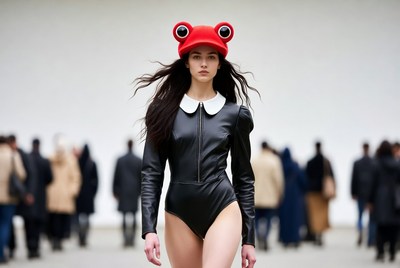 Model on runway with unique hat