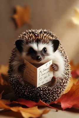 Hedgehog holding a card in autumn leaves