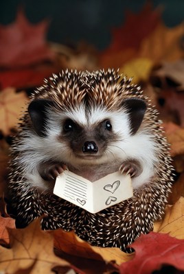 Hedgehog reading in autumn leaves