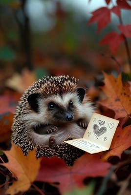 Hedgehog holding love note in autumn leaves