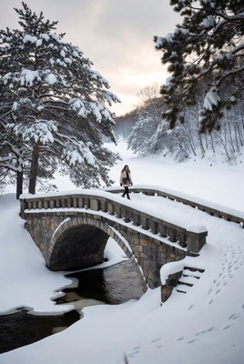 Snowy stone bridge in winter