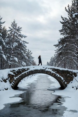 Person walking on snow-covered bridge