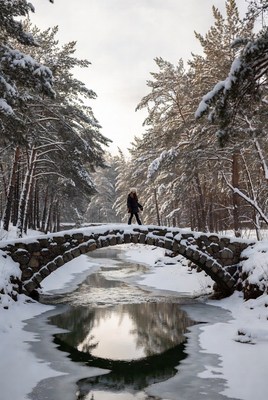 Person standing on stone bridge in winter