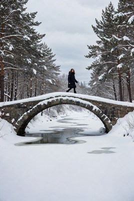 Winter crossing on stone bridge