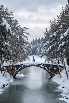 Walking on a snowy bridge in winter
