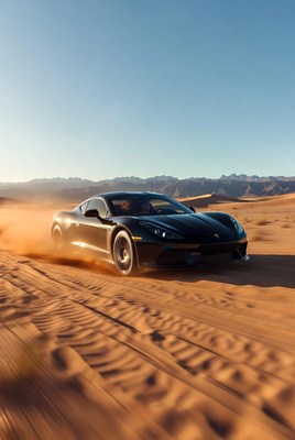 Black car driving in the desert