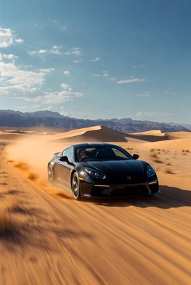 Car racing through desert landscape in daylight