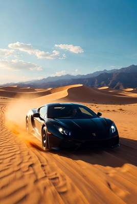 Car driving through desert sand dunes