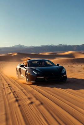 Luxury car driving through desert