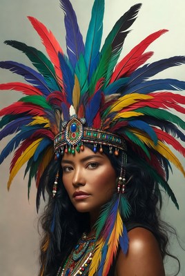 Woman in colorful feather headdress